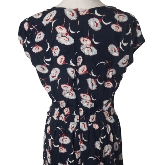 J. Crew Navy Blue Floral Faux Wrap Style Ruffle Trim Midi Dress Size 6 - Picture 5 of 8